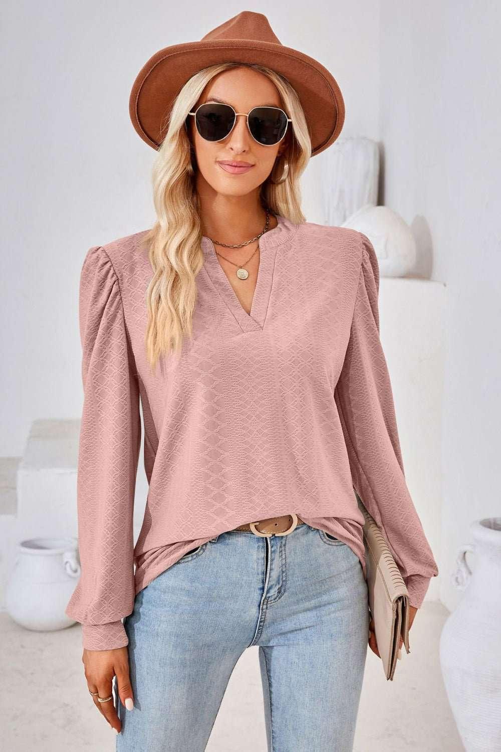 V - Neck Puff Sleeve Blouse - VILLA FASHION